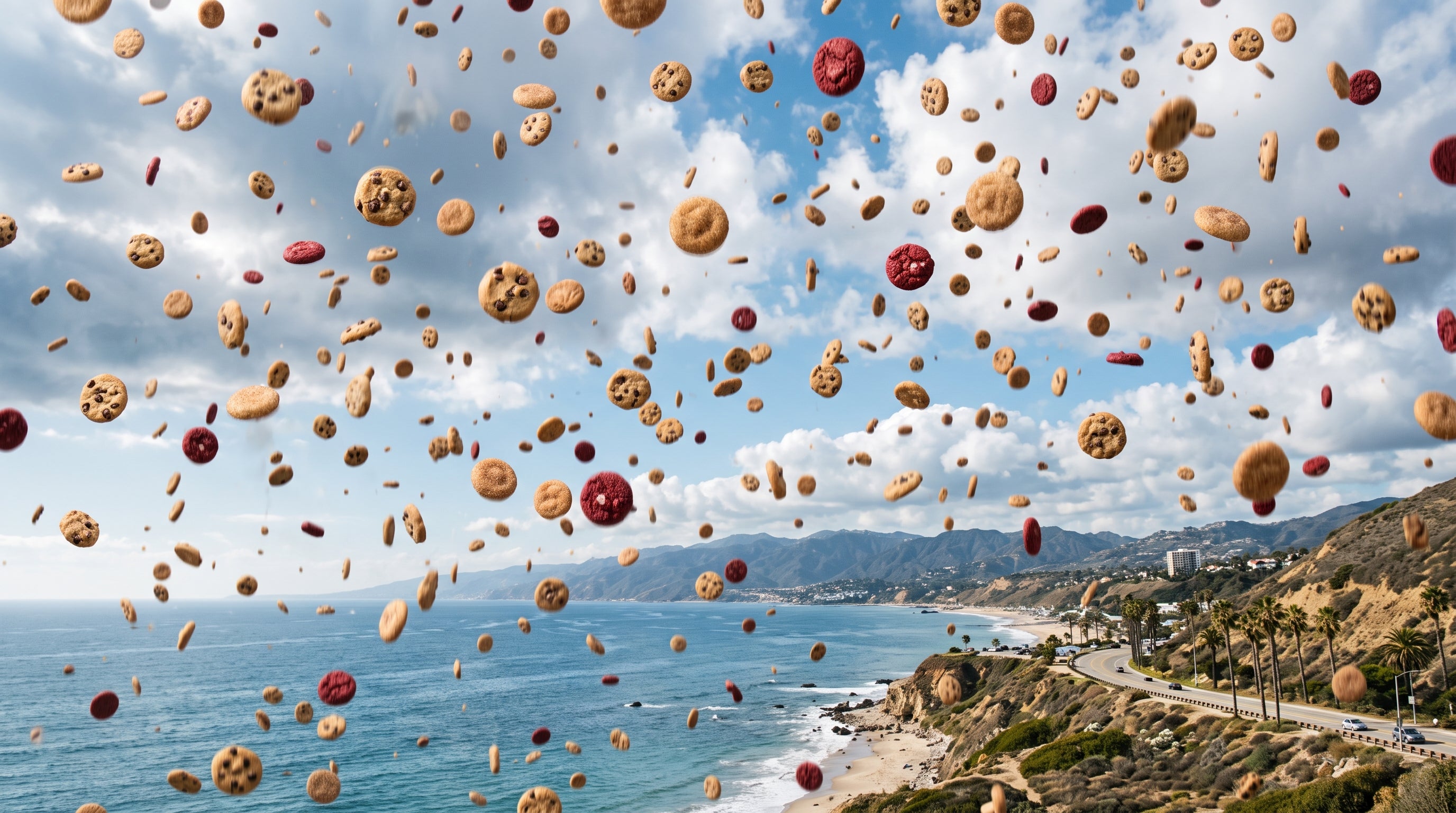 Chocolate chip cookies raining over the California coast